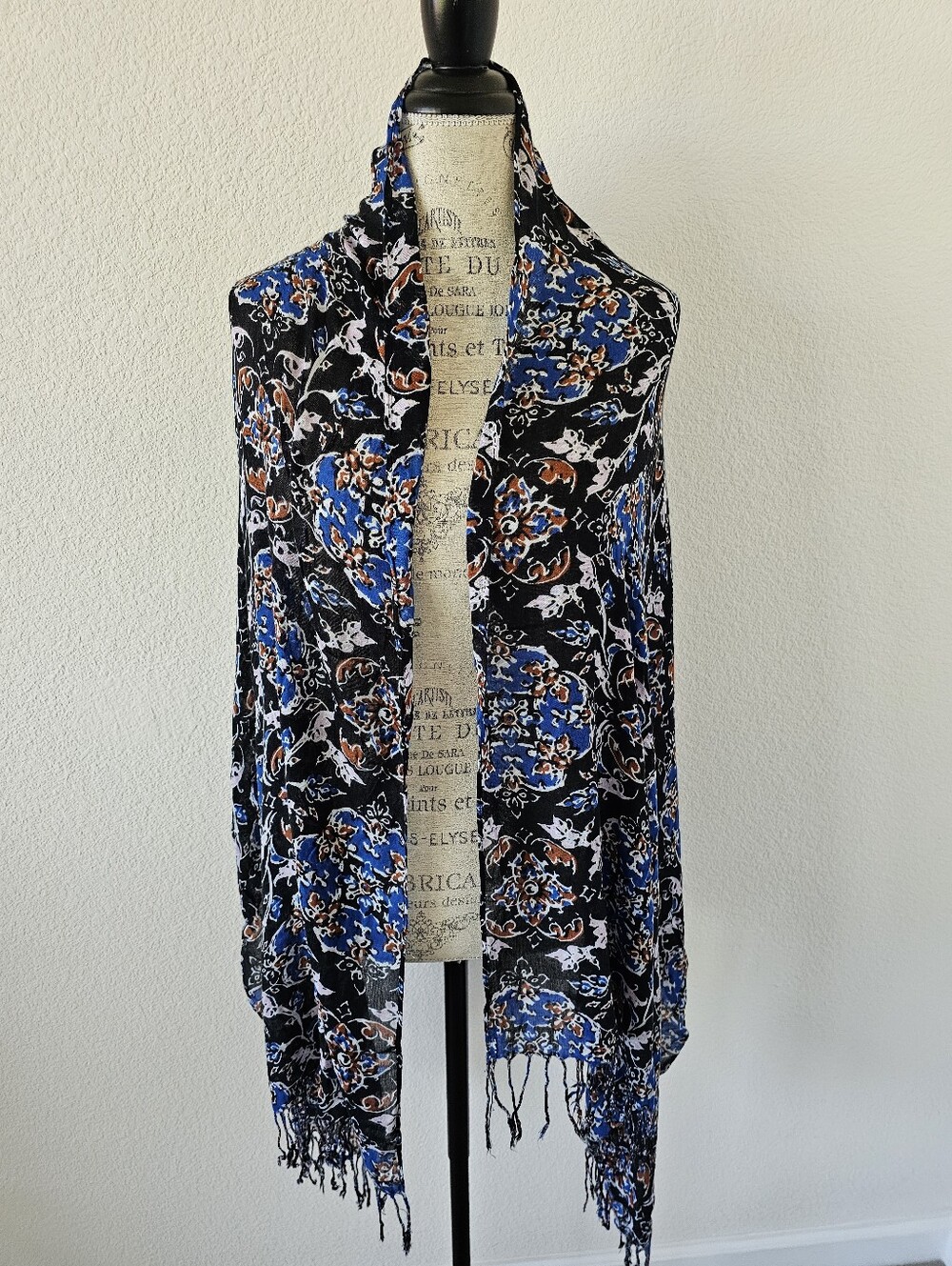 Floral Paisley Scarf Wrap Shawl Black Blue Rust Orange Fringe Sarong 72x26​